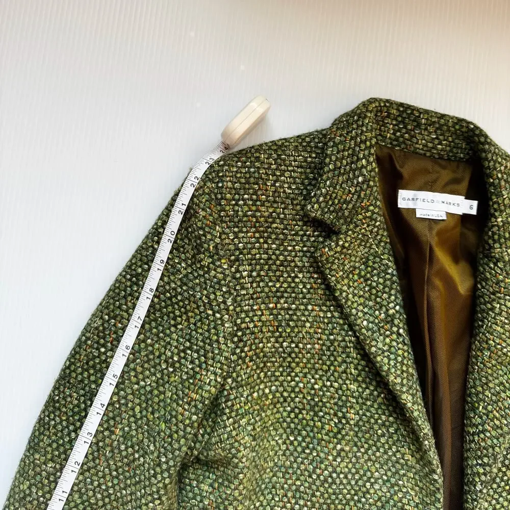 Vtg Tweed Cropped Blazer Green 80s Tailored Jacket Dark Academia Ivy League 6 - Picture 14 of 16